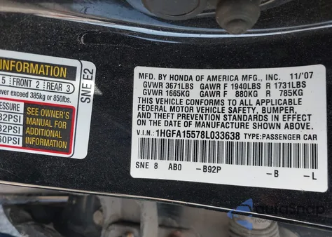 2008 Honda Civic Lx from USA, damaged, VIN 1HGFA15578L033638